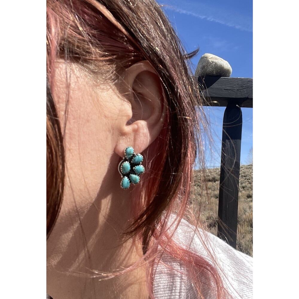 Turquoise Cluster Earrings Sterling Silver Southwestern Native Style Statement - Picture 2 of 11